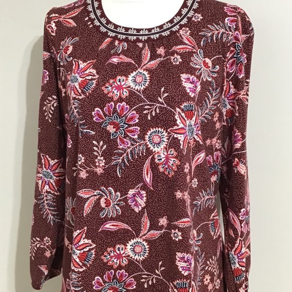 Women's Top Pullover Size Large Old Navy Cotton Maroon Floral Long Sleeve - Picture 1 of 6